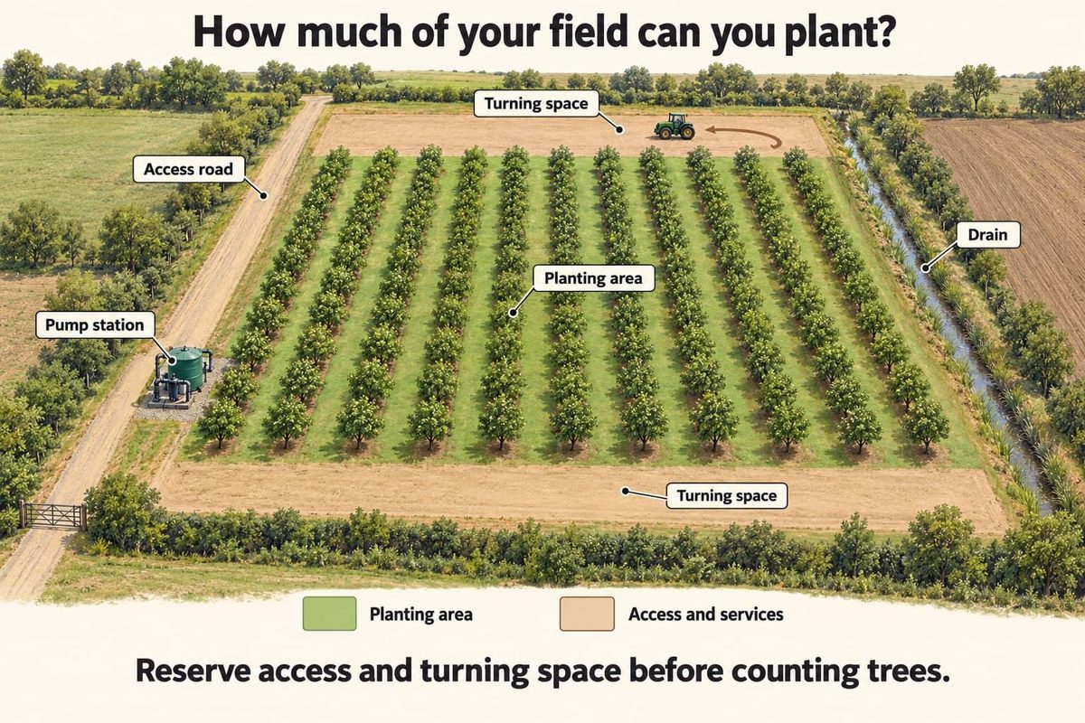 Aerial drawing of an orchard field. The planting area is green, with turning space at both ends, an access road, a pump station and a drain marked in tan around it. Reserve access and turning space before counting trees.