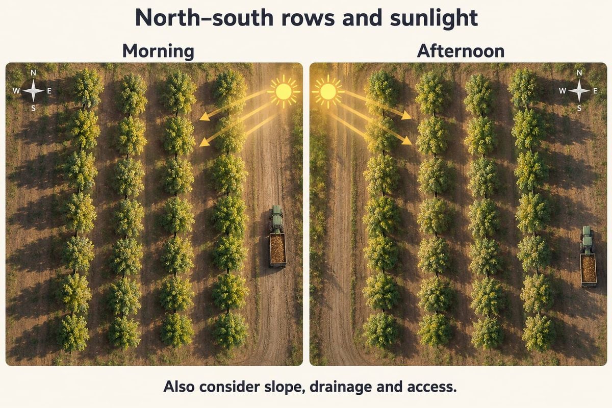 Two aerial photographs of north-south walnut rows with a compass, one in the morning and one in the afternoon, showing the sun and the tree shadows falling across the rows. Slope, drainage and access also matter.