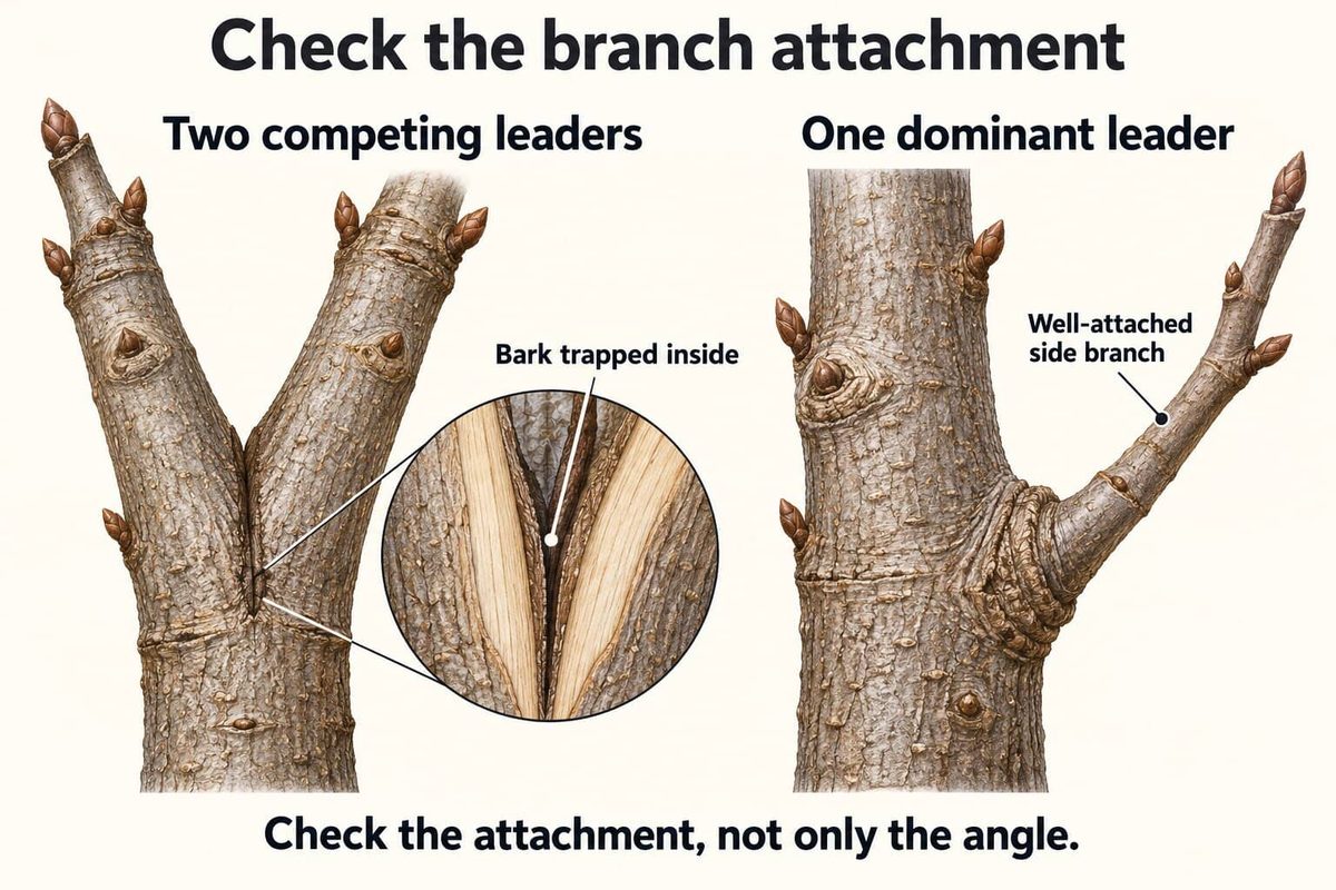 Close-up of a trunk. Two competing leaders trap bark inside the fork, which makes a weak attachment. One dominant leader with a well-attached side branch is strong.