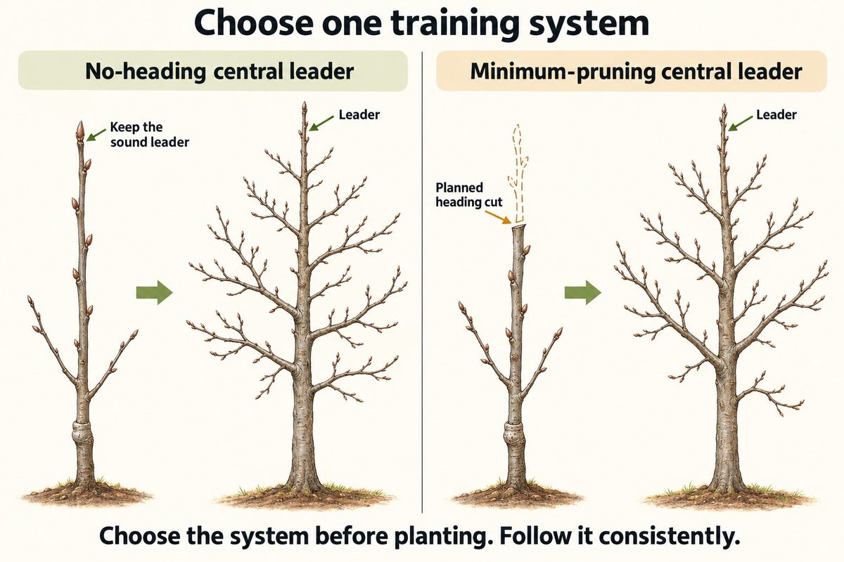 Two drawings of a young walnut tree and the tree it grows into. On the left, the no-heading central leader: keep the sound leader. On the right, the minimum-pruning central leader: a planned heading cut, then a framework of scaffold branches around the leader.