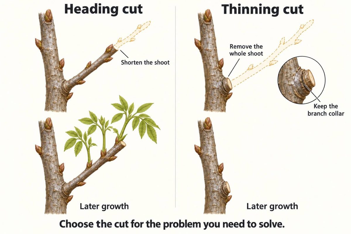 Close-up drawings of a heading cut, which shortens a shoot and is followed by several new shoots, and a thinning cut, which removes the whole shoot back to the branch collar and leaves clean wood.