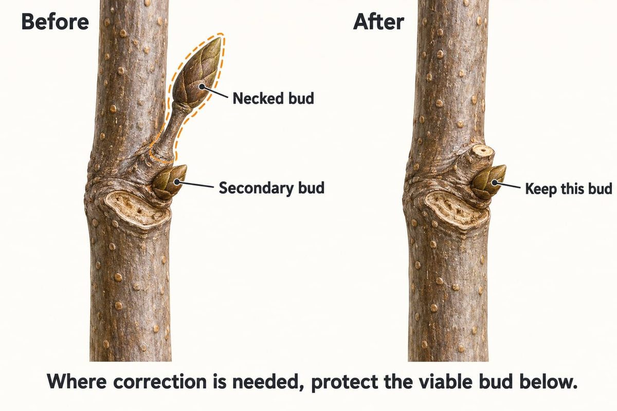 Close-up of a young walnut trunk before and after correction. Before: a necked bud above a viable secondary bud. After: the necked bud is rubbed off and the secondary bud is kept.