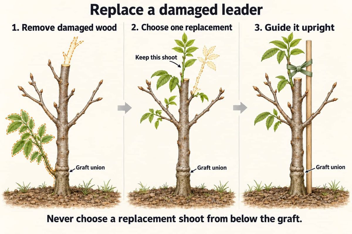 Three steps to replace a damaged leader on a young walnut tree: remove the damaged wood, choose one replacement shoot above the graft union, and guide it upright with a stake and a soft tie.