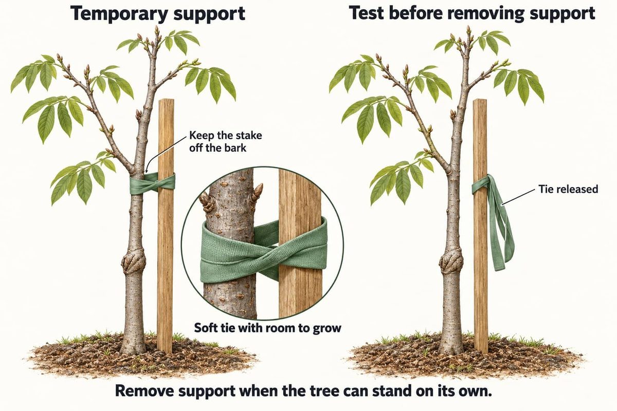 Two young walnut trees with stakes. On the left, a soft tie with room to grow holds the tree while the stake stays off the bark. On the right, the tie is released to test whether the tree stands on its own.