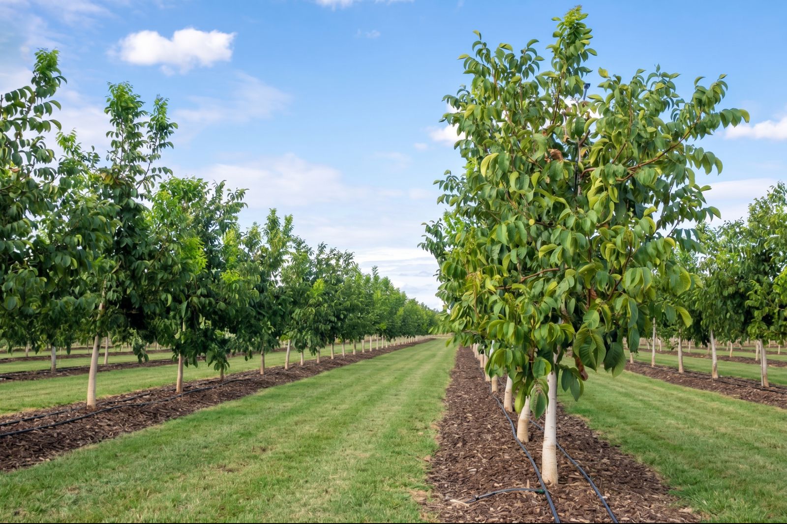 Rows of young grafted walnut trees under drip irrigation in a commercial orchard