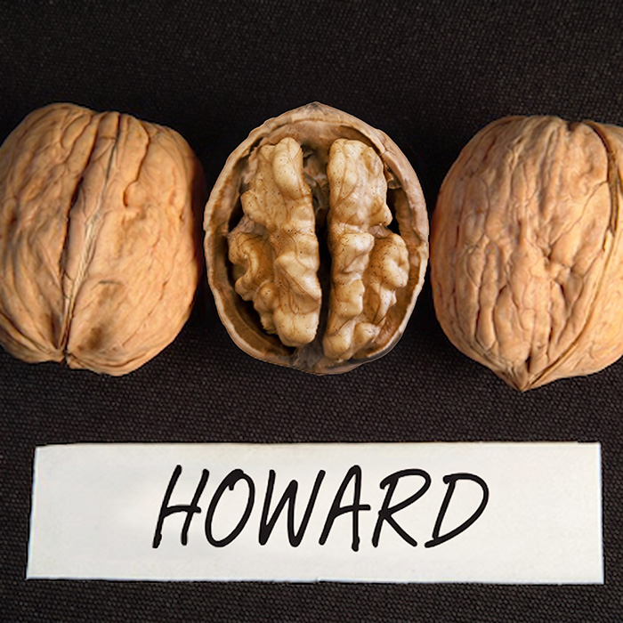 a Howard walnut cracked open showing the kernel, beside two whole nuts in the shell
