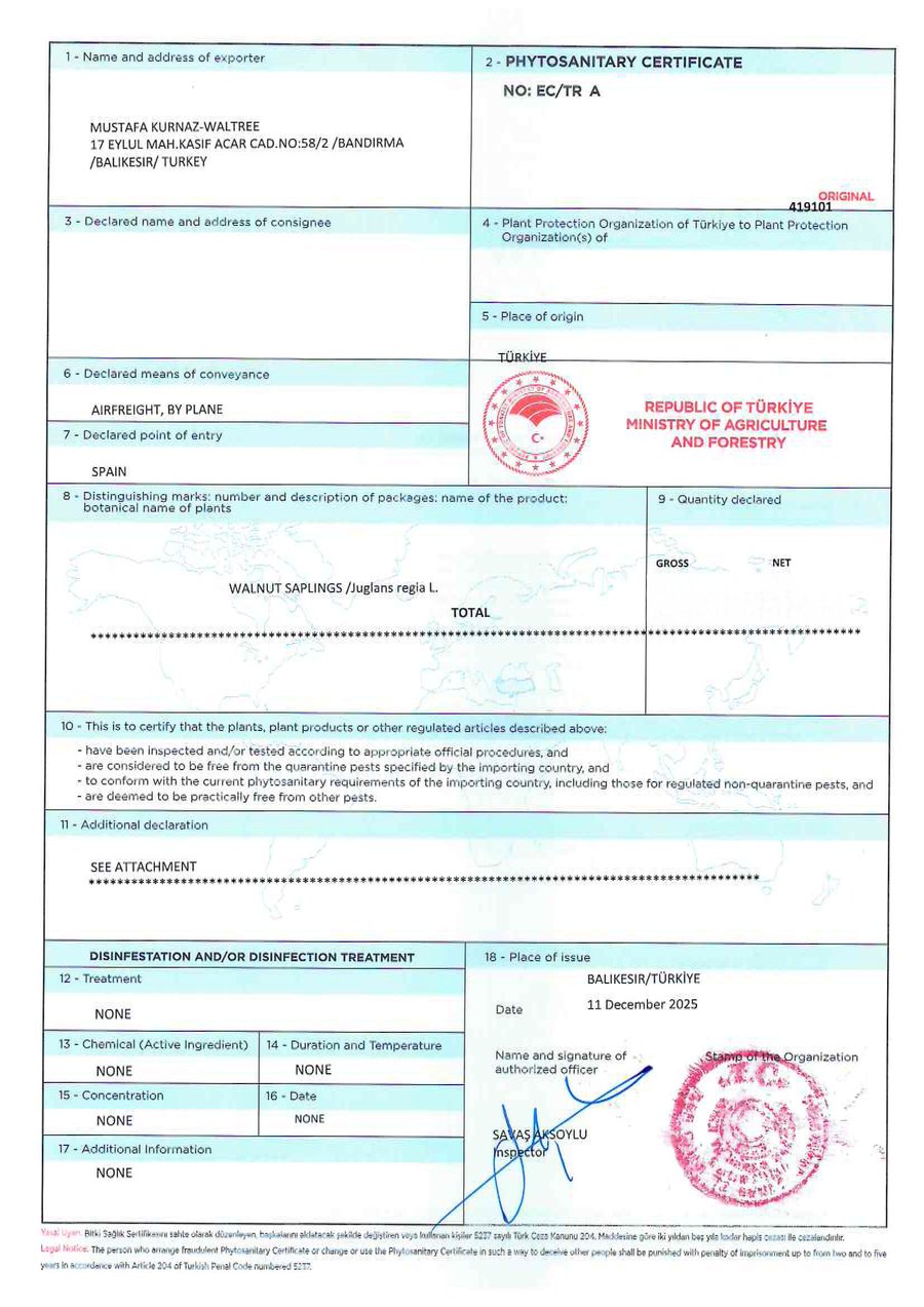 Phytosanitary certificate issued by the Turkish Ministry of Agriculture and Forestry for Waltree walnut saplings